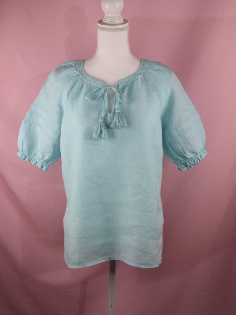 Talbots Blue 100% Linen Tassel Tie Neck Blouse | Size S